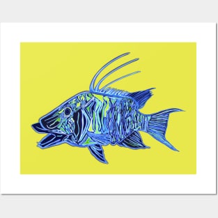 Neon Blue Green Hogfish - funky fish design Posters and Art